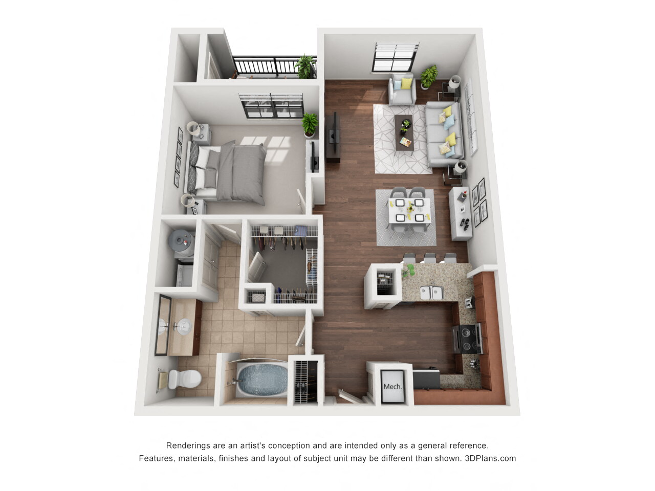 Floor plan for 1 bed, 1 bath, 851 sqft